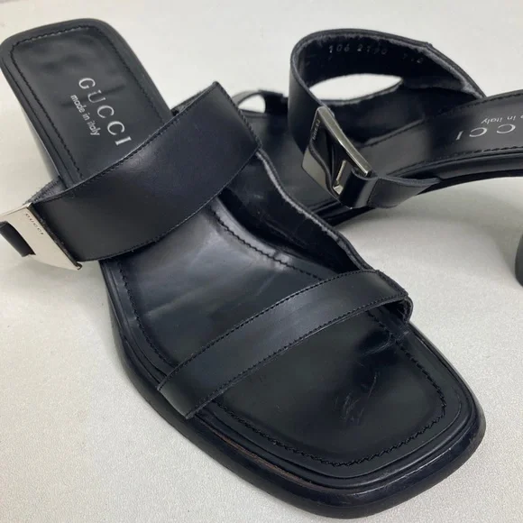 Gucci Black Leather Double Strap Block Heel Slides Sandals women’s size 7.5 - Picture 12 of 12